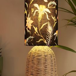 Decazone Black & Beige Floral Printed Cotton Cylindrical Shaped Table Lamp-15