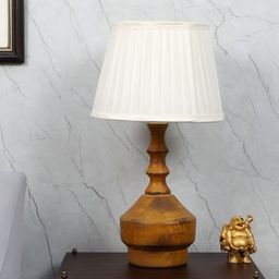 TU CASA Tan & White Textured Wooden Frustum Shaped Table Lamp-image-50