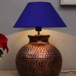 Homesake Bronze-Coloured Oil-Rubbed Pot Antique Hammered Table Lamp With Blue Shade-41