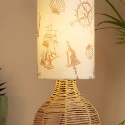 Decazone White & Beige Printed Cotton Cylindrical Shaped Table Lamp-16
