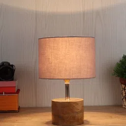 Devansh Beige & Grey Solid Cylinder Wooden Table Lamp With Cotton Shade-35