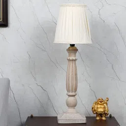 TU CASA Beige Textured Wooden Frusturical Shaped Table Lamp-34