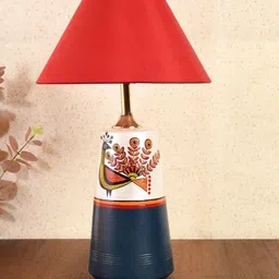 AAKRITI ART CREATIONS Monsoon Blue & Red Terracotta Dancing Peacock Design Table Lamp With Shade-58