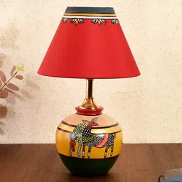 AAKRITI ART CREATIONS Monsoon Yellow & Red Terracotta Delightful Deers Matki Design Table Lamp With Shade-22