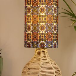 Decazone Blue & Beige Printed Cotton Cylindrical Shaped Table Lamp-37