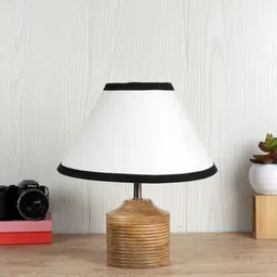 Devansh White & Black Wooden Table Lamp with Cotton Shade-25