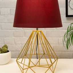 Homesake Gold-Toned & Red Modern Farmhouse Metal Diamond Desk Table Lamp with  Shade-20