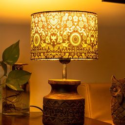 green girgit Black & Beige Printed Wooden Carved Table Lamp With Shade-30