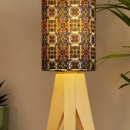 Decazone Blue & Beige Printed Cotton Cylindrical Shaped Table Lamp-33
