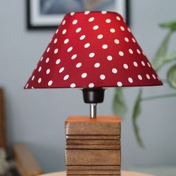 Homesake Brown & Red Polka Dot Printed Ribbed Cube Table Lamp With Wooden Base-70