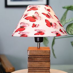 Homesake Brown & White  Butterfly Printed Ribbed Cube Table Lamp With Wooden Base-65