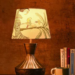 green girgit White & Green Floral Printed Frustum Shape Copper Base Table Lamp-1