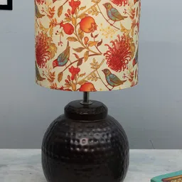 Homesake Red & Beige Printed Antique Table Lamp With Hammered Metal Base-62