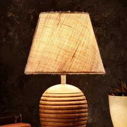 green girgit Brown & White Textured Wooden Lamp with Jute Shade-0