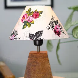 Homesake Pyramid Brown & White Floral Printed Table Lamp With Wooden Base-74