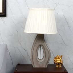 TU CASA Beige & White Textured Wooden Frustum Shaped Table Lamp-5
