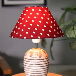 Homesake White & Red Polka Dot Printed Ribbed Basket Table Lamp With Wooden Base-78