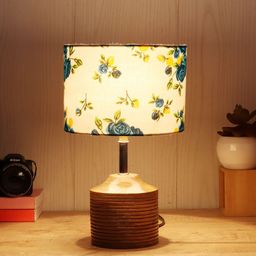 Devansh White & Tan Brown Printed  Cylinder Wood Table Lamp with Cotton Shade-57