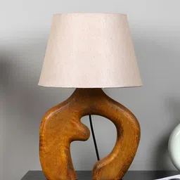 TU CASA Tan & Beige Wooden Frustum Shaped Table Lamp-11