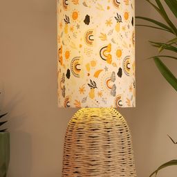Decazone Beige & White Printed Cotton Cylindrical Shaped Table Lamp-26