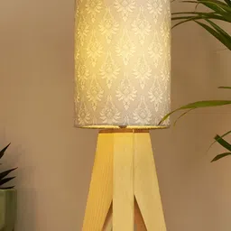 Decazone Grey & Beige Floral Printed Cotton Cylindrical Shaped Table Lamp-51