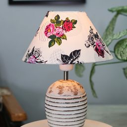 Homesake White & Pink Printed Shade With Ribbed Wooden Base Table Lamp-5
