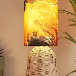 Decazone Yellow & Beige Printed Cotton Cylindrical Shaped Table Lamp-53