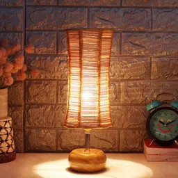 Devansh Beige Abstract Shaped Bamboo Shade Table Lamp With Wooden Stand image 4