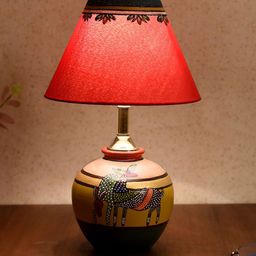 AAKRITI ART CREATIONS Monsoon Yellow & Red Terracotta Delightful Deers Matki Design Table Lamp With Shade image 3