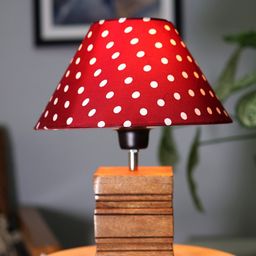 Homesake Brown & Red Polka Dot Printed Ribbed Cube Table Lamp With Wooden Base image 5