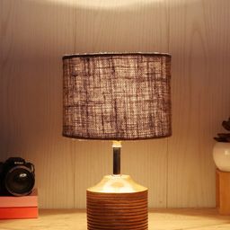 Devansh Grey Cylindrical Shaped Jute Shade Table Lamp With Wooden Stand image 5