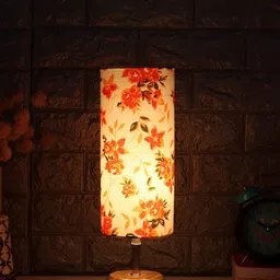 Devansh White & Tan Brown Printed Wooden Table Lamp with Cotton Shade image 3