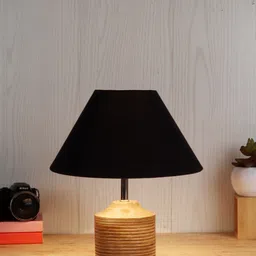 Devansh Black & Tan Brown Solid Frustum Wood Table Lamp with Jute Shade image 5