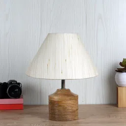 Devansh Off-White Wood Table Lamp with Cotton Shade image 3