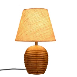 green girgit Brown & White Textured Wooden Lamp with Jute Shade image 2