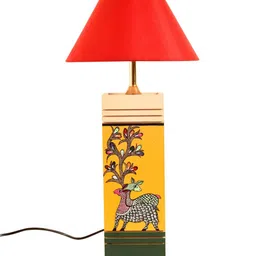 AAKRITI ART CREATIONS Monsoon Yellow & Red Wooden Dancing Deer Design Table Lamp With Shade image 4
