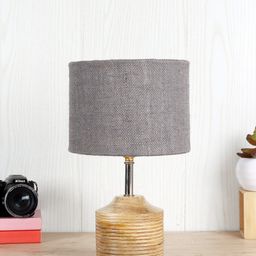 Devansh Grey Cylindrical Shaped Jute Shade Table Lamp With Wooden Stand image 2