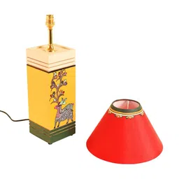 AAKRITI ART CREATIONS Monsoon Yellow & Red Wooden Dancing Deer Design Table Lamp With Shade image 2