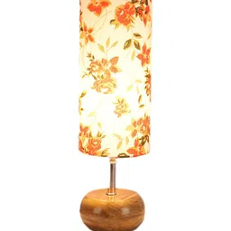 Devansh White & Tan Brown Printed Wooden Table Lamp with Cotton Shade image 2