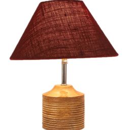 Devansh Maroon & Tan Brown Solid Frustum Wood Table Lamp with Jute Shade image 3