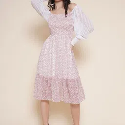 VESTIDO MODAS Floral Printed Puff Sleeves Georgette Fit & Flare Midi Dress-image-68