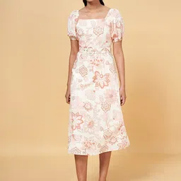 Honey by Pantaloons Floral Printed Smocked Details Cotton A-Line Midi Dress With Belt-image-59