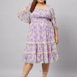 Antheaa Curve Plus Size Floral Printed Puff Sleeve Smocked Tiered Fit & Flare Midi Dress-image-3