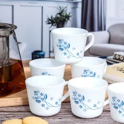 Cello White & Blue Floral Printed Opalware Glossy Mugs Set of Cups and Mugs-5