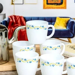 Cello White & Blue Floral Printed Opalware Glossy Mugs Set of Cups and Mugs-4