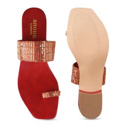 Anouk Maroon And Gold-Toned Embellished One Toe Block Heels image 4