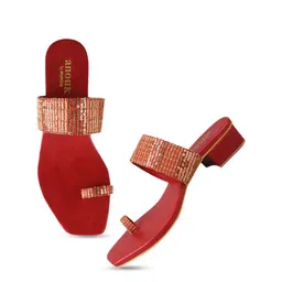 Anouk Maroon And Gold-Toned Embellished One Toe Block Heels image 3