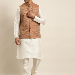 SOJANYA Men Off White Solid Kurta with Churidar & Nehru Jacket-14