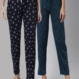 Kryptic Women Pack Of 2 Navy Blue & Teal Printed Pure Cotton Lounge Pant-picture-30