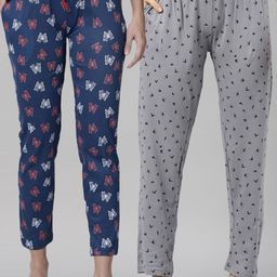 Kryptic Women Pack Of 2 Navy Blue & Grey Printed Pure Cotton Lounge Pant-image-107